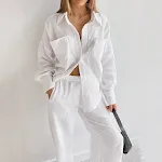 Dames pyjama set met lange mouwen van dubbele gaas, shirt en lange broek, comfortabel voor een goede nachtrust. — foto 5