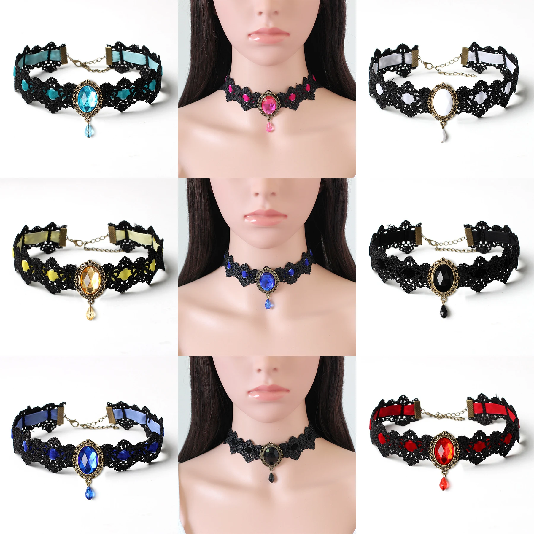 Conjunto de Acessórios de Fantasia de Halloween Colares sete cores Estilo étnico Gargantilha gótica Gola de renda Gema vintage — foto 1