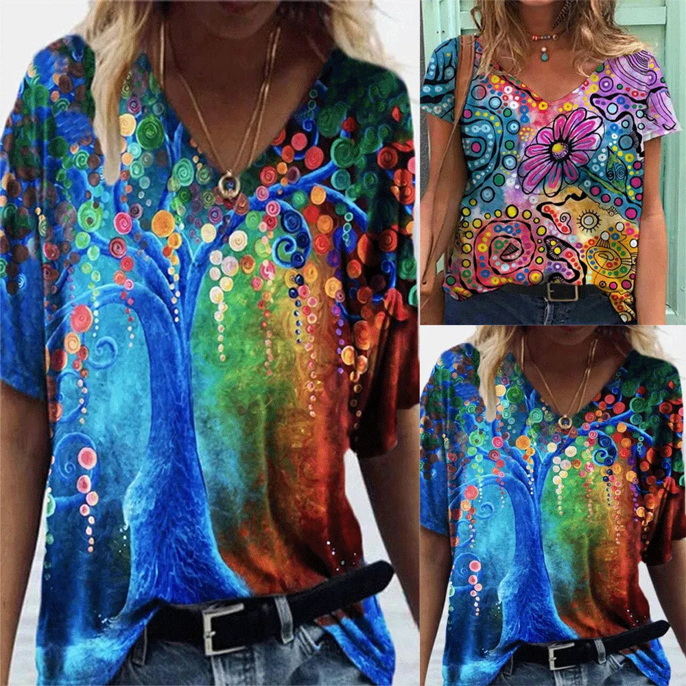 Title 4, V-neck Abstract Painting Printed Short Sleeve