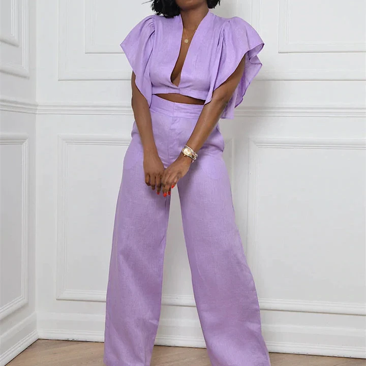 Conjunto feminino casual de calças e mangas de linho com decote em V, ideal para um visual elegante e confortável no dia a dia. — foto 8