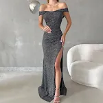 Off-shoulder Split Waist Fitted Thin And Glittering Dress Women — photo 6
