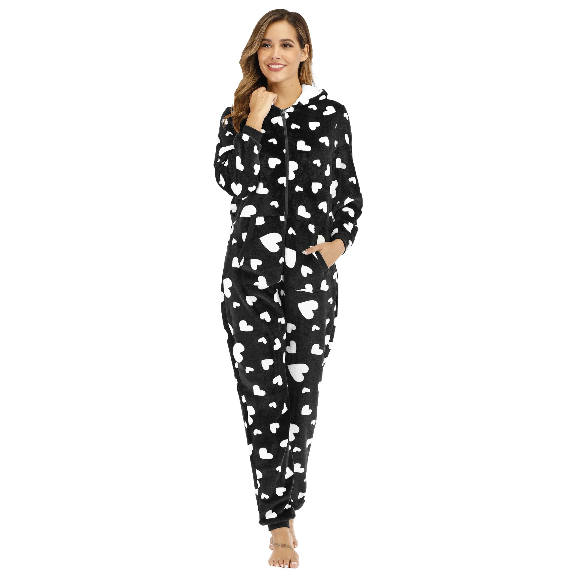 Women's Heart Shape Printed Flannel One-piece Homewear Pajamas Cozy and Warm Loungewear Perfect for Relaxing and a Comfo — photo 9