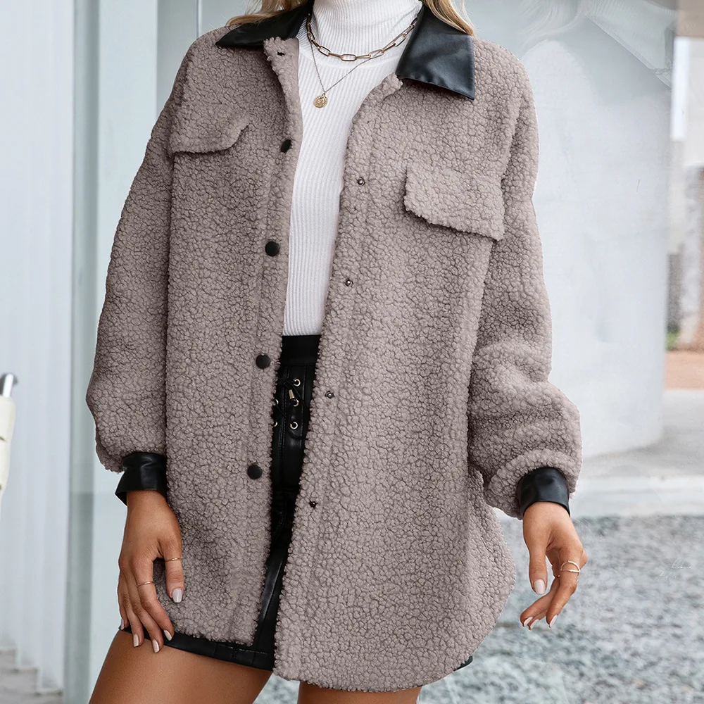 Title 5, Lapel Cardigan Plush PU Long Single Breasted Tr...