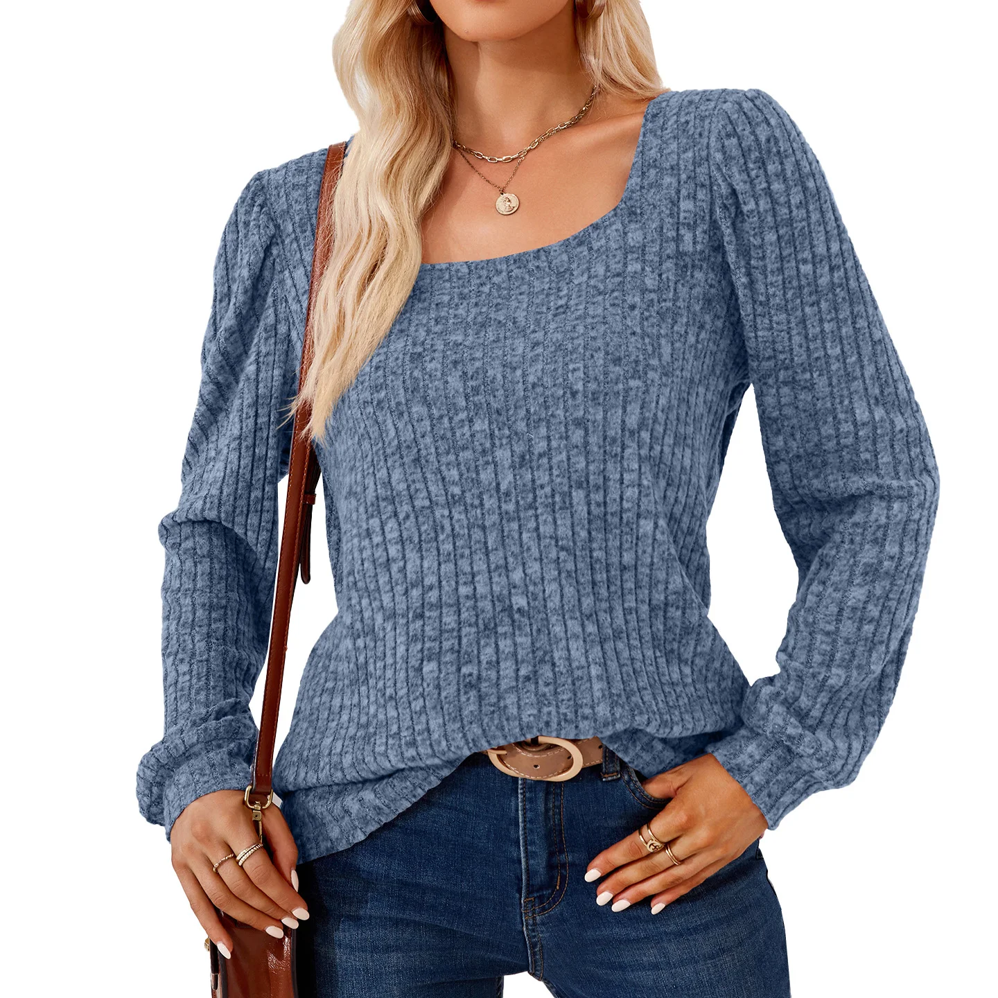 Title 7, Square Collar Solid Color Rib Fabric Loose Long...