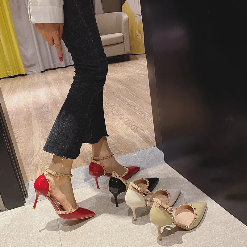 Red rivet high heels for women, stiletto style, French design, versatile and elegant, small pointed pumps. "Ins Fairy" s — photo 2