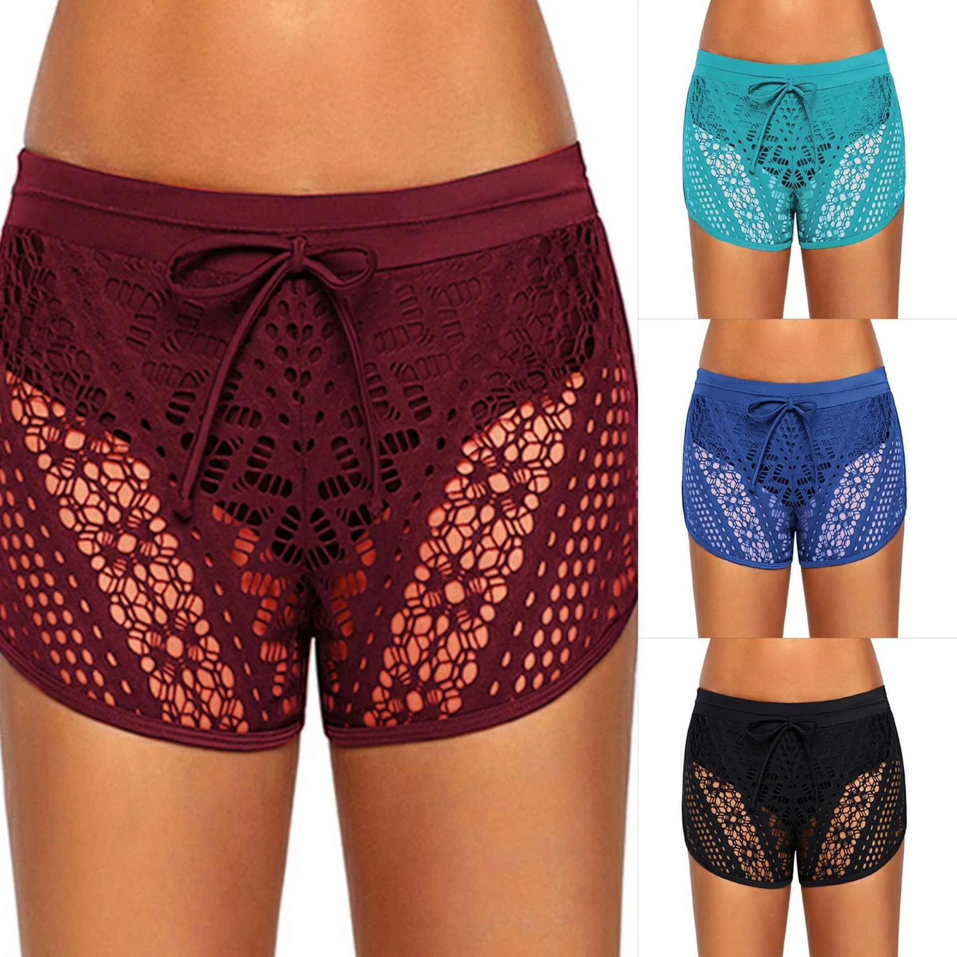 Sexy Solid Color Hollow Lace-up Boxer Swim Shorts perfect for a confident beach look. These swim shorts offer style and — photo 6