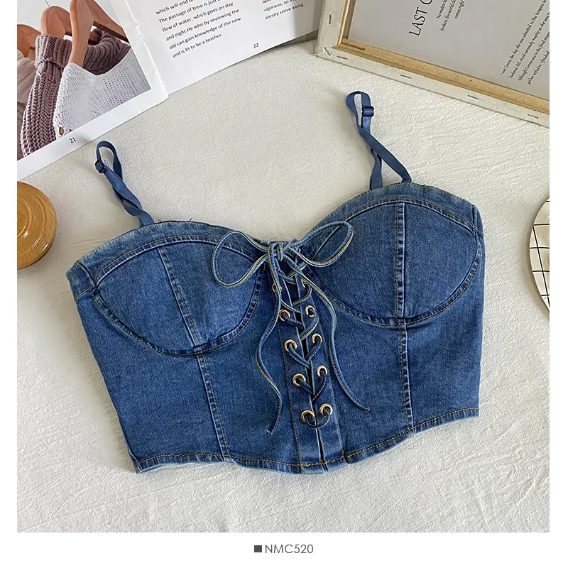 Title 2, Bow Tie Drawstring Cropped Denim Camisole for a...