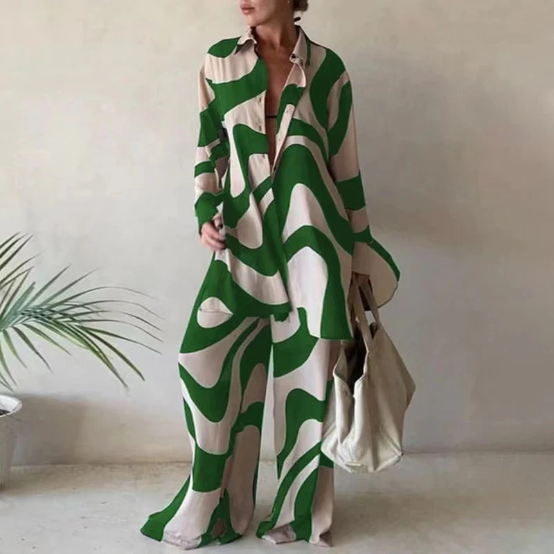 Moda impressa solta manga comprida camisa calças de perna reta terno feminino — foto 6