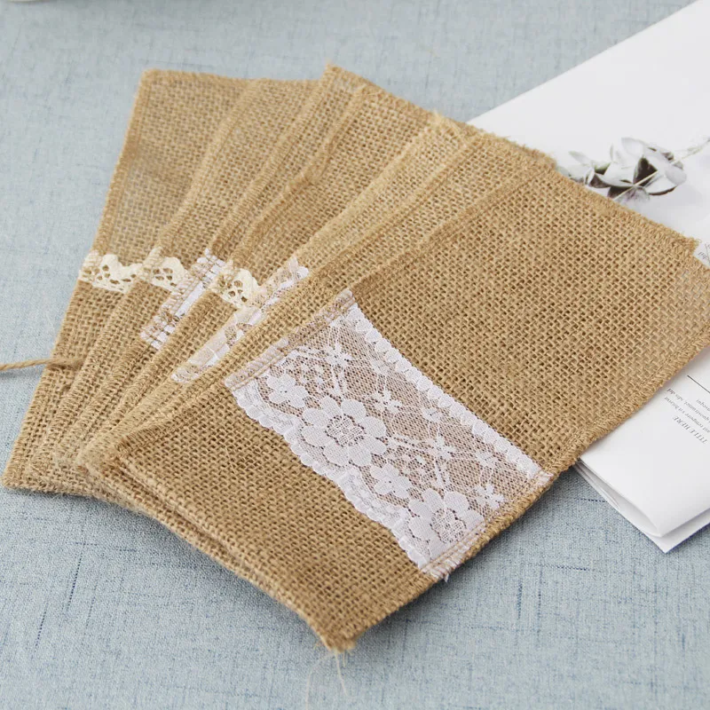 Title 7, Burlap tableware bag with lace for cutlery. Coa...