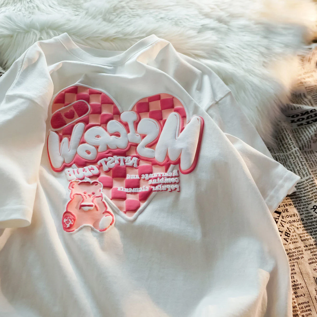 Title 7, Plaid Love Bear Kurzarm-T-Shirt, weiblich, kore...