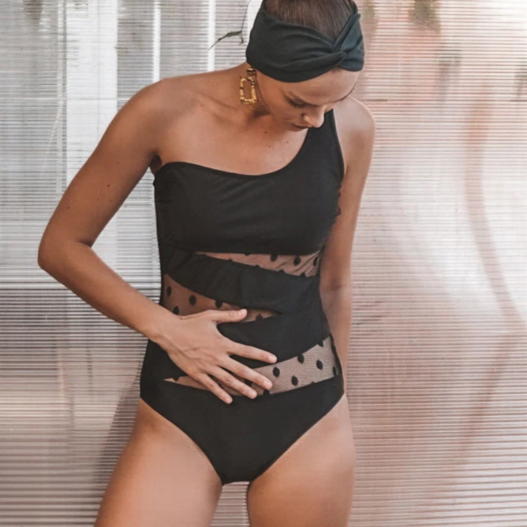Traje de baño de una pieza para mujer con malla en un hombro, elegante y transpirable, perfecto para la playa y la piscina. — foto 3