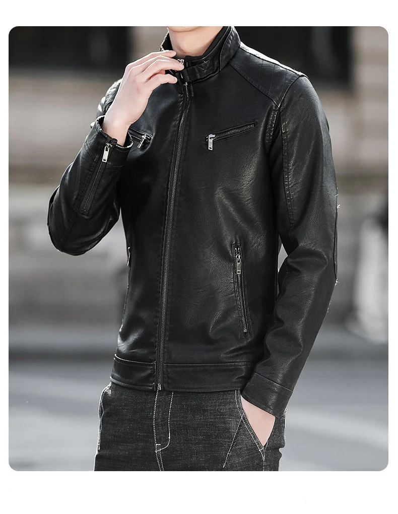 Men's Stand-Up Collar Motorcycle PU Leather Jacket Durable design, windproof, ideal for riding, offers protection and a — photo 2