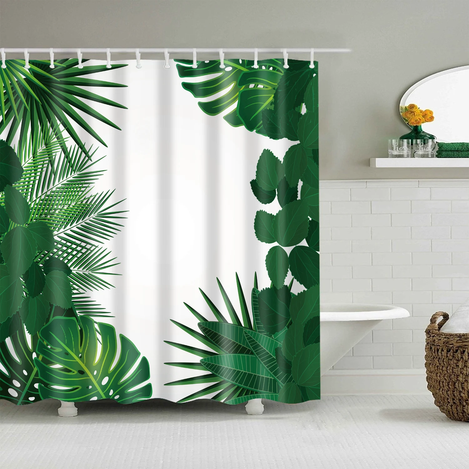 Cortina de ducha con estampado digital de hojas de plátano estilo nórdico, transforma tu baño con naturaleza y diseño moderno. — foto 22