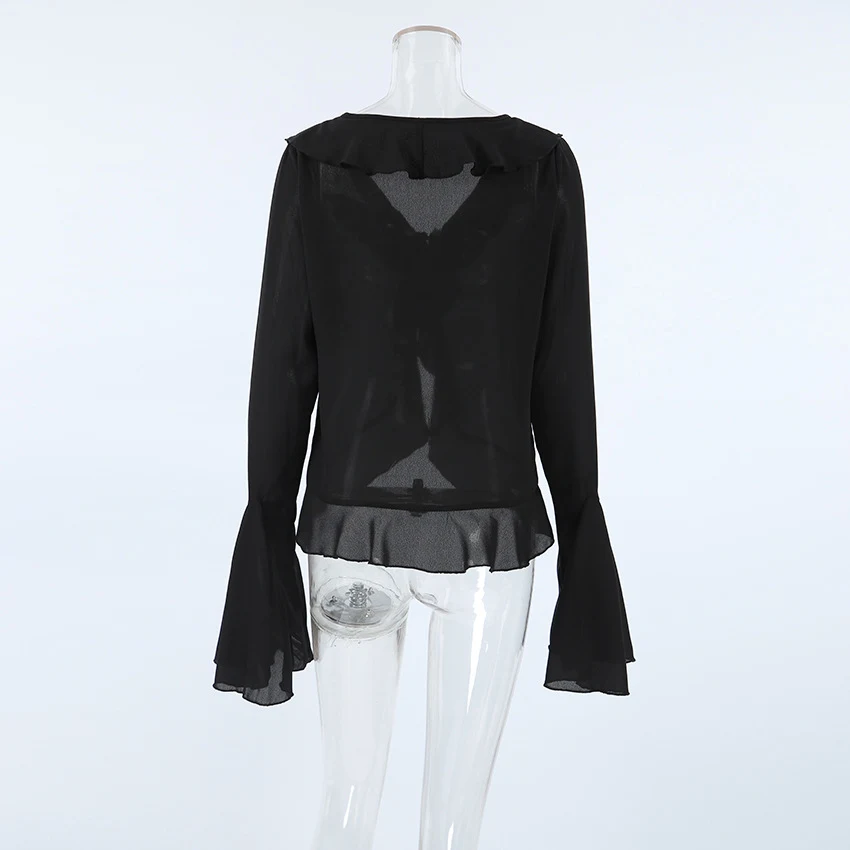 Title 4, Camisa de chiffon preta retrô feminina Design m...