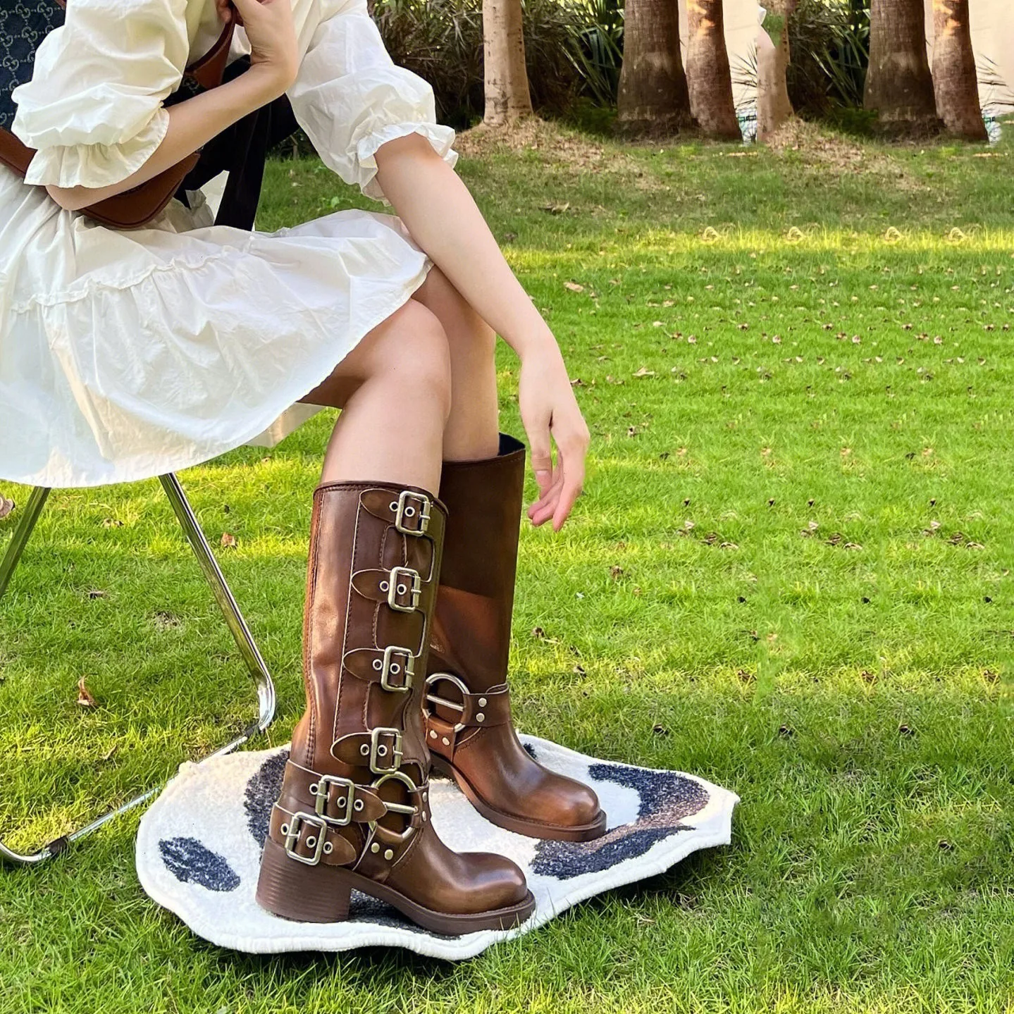Women's genuine leather retro metal ring knee-high boots. Stylish and durable, providing comfort and a classic look for — photo 11