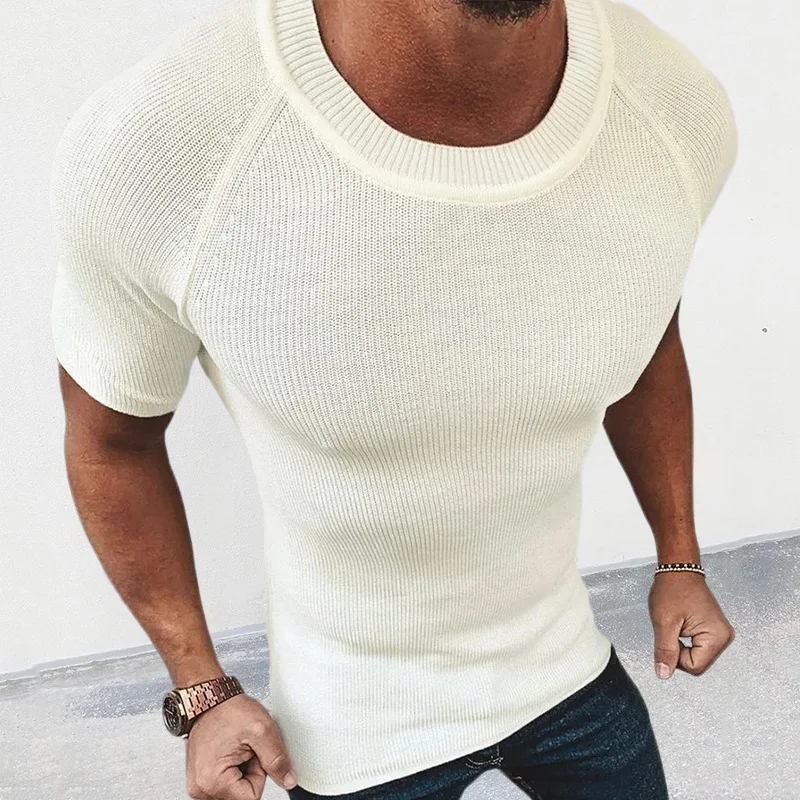 Men's Solid Color Slim-fit Short-Sleeved Pullover Sweater Top. Comfortable, stylish, and versatile. Perfect for casual w — photo 4