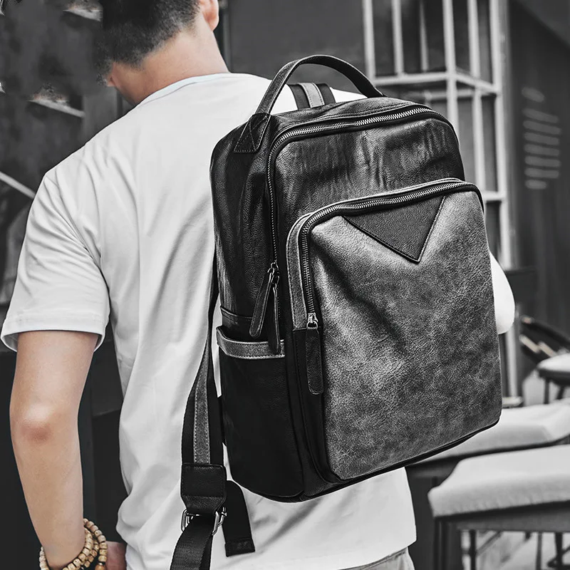 Wasserdichter schwarzer PU-Leder-Rucksack für Herren, Schulrucksack, perfekt für Schule, Arbeit und Freizeit — foto 2