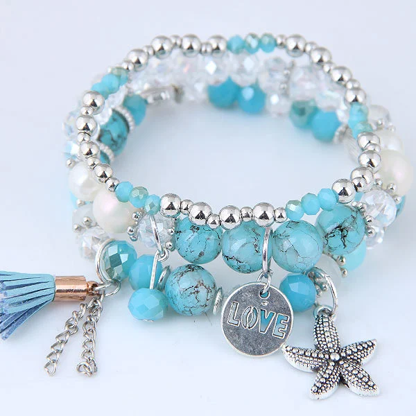 Pulseira de mão com pérolas de cristal, borla e estrela do mar, um acessório elegante e charmoso, perfeito para adicionar brilho e estilo ao seu visual. — foto 6