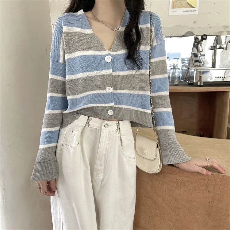 Title 1, Cardigan tricoté à rayures Vintage de Style fra...