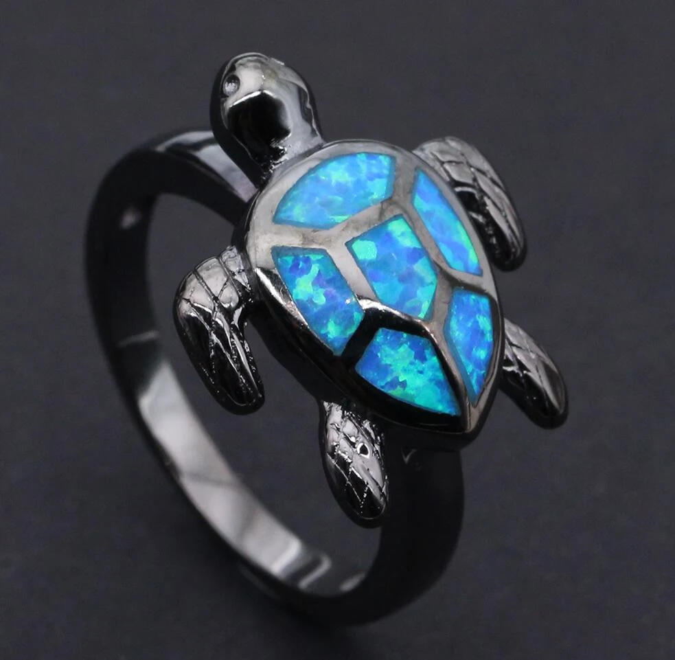 Anel de opala de tartaruga azul metalizado preto vintage para mulheres, joia, anel de coquetel, presente para amiga especial. — foto 1