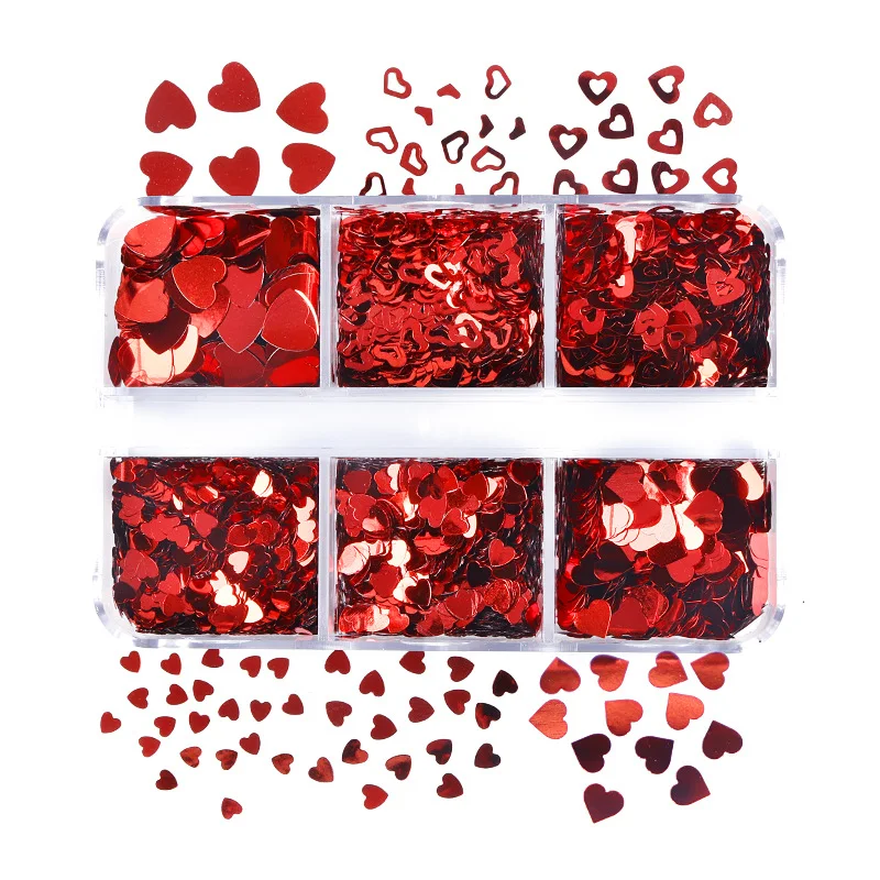 Pequena caixa 6 células Série Dia dos Namorados Vermelho Brilhante Amor Recorte Lantejoulas Crie unhas românticas e vibrantes. — foto 4