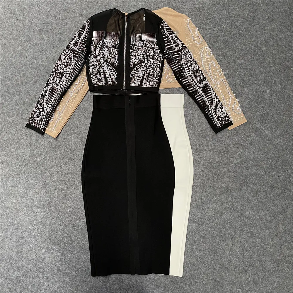 Title 8, Beaded Studded Long Sleeve T-Shirt Midi Skirt T...