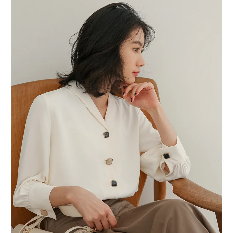 Real Shot Design Sense Niche Chiffon Shirt for Women Spring and Summer New Three-quarter Sleeve Temperament Slimming Shi — photo 9
