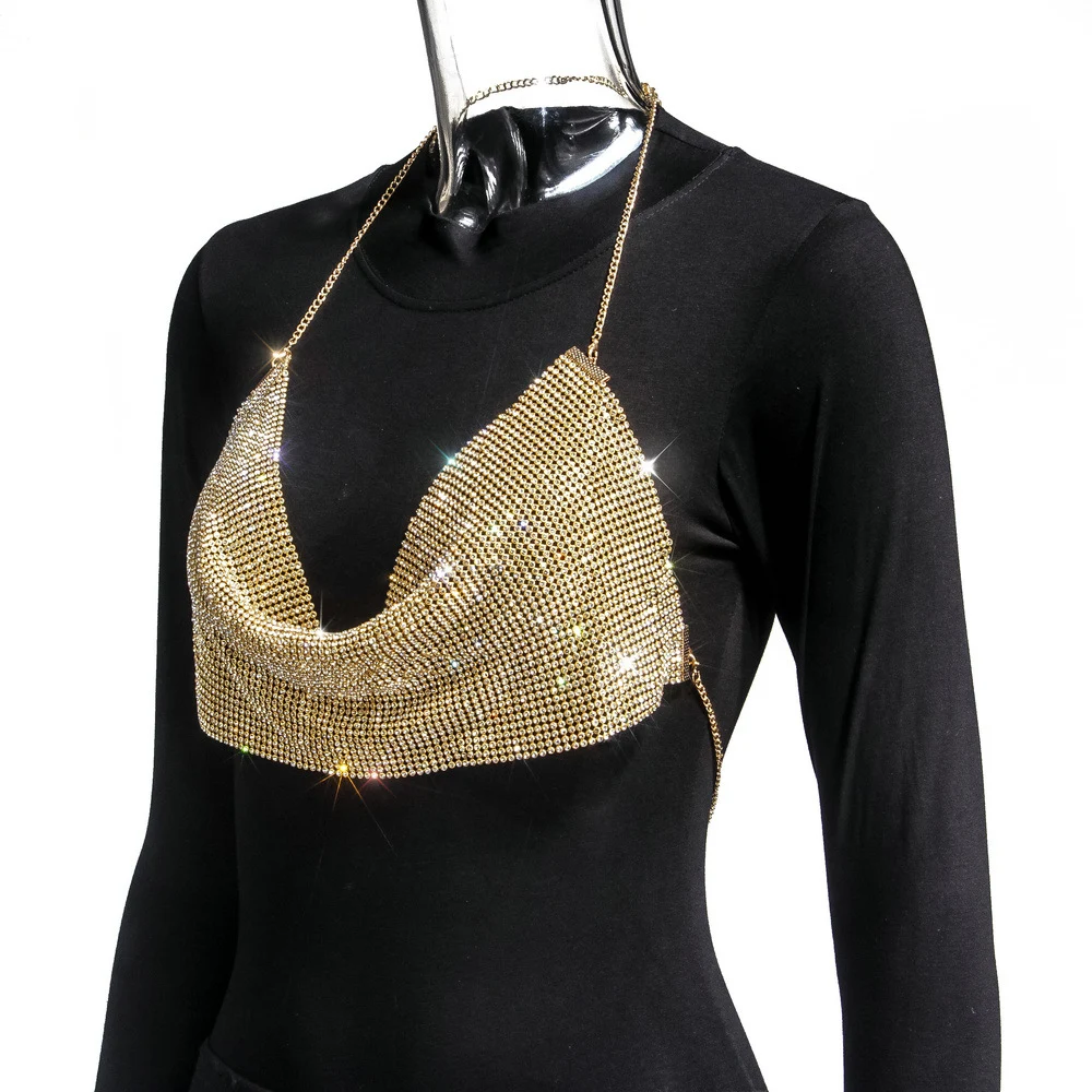 Top halter con cadena de metal y brillantes para mujer. Diseño super flash, estilo tubo y tirantes. Perfecto para looks glamurosos y modernos. — foto 3