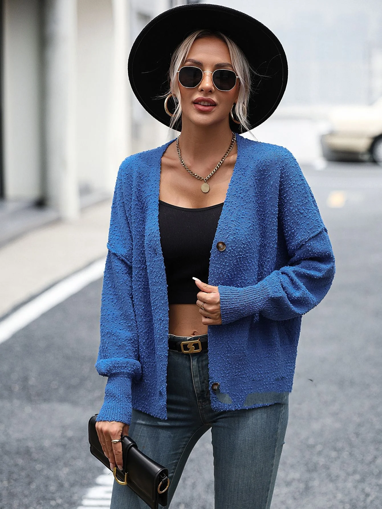 Title 5, Womens V-neck Button Solid Color Knitted Cardi...