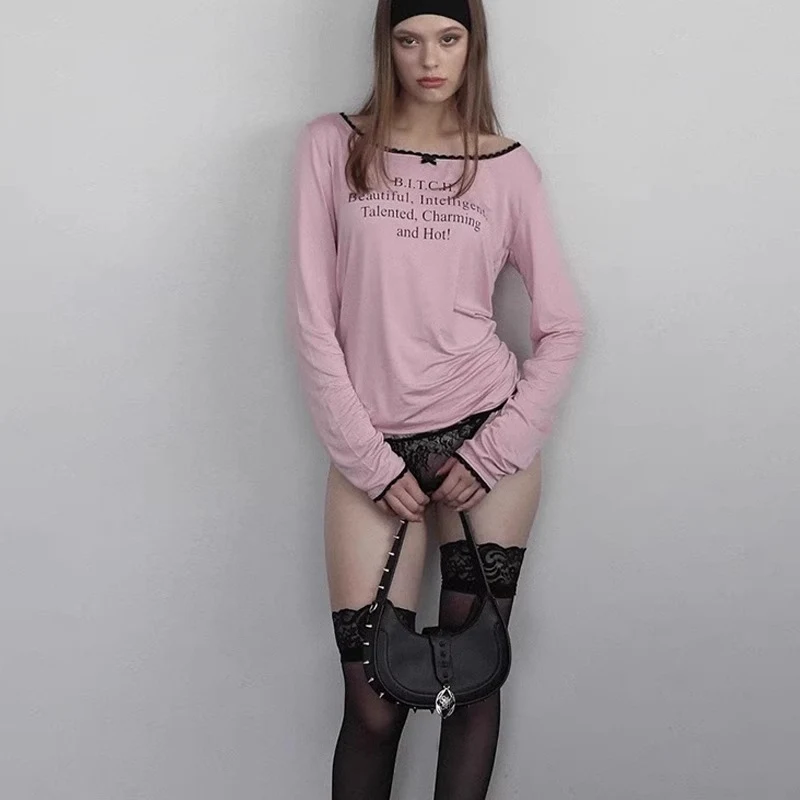 Title 4, Lace Edge Letter Printing Round Neck Long Sleev...