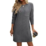Abito lungo dritto da donna a righe tinta unita con tasche, girocollo, manica lunga, abbigliamento alla moda. — foto 8