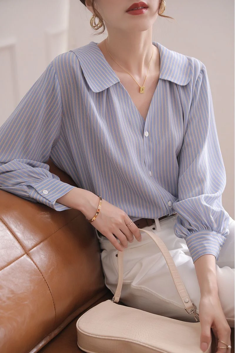 Title 2, Blue Striped Shirt Small Number Sleeve Loose