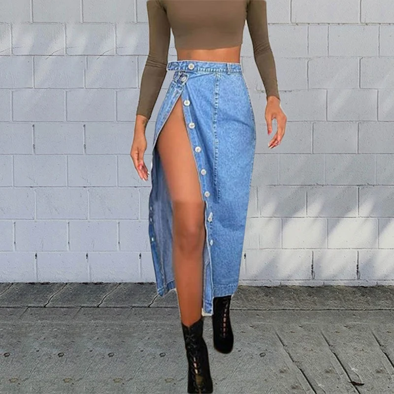 Falda vaquera casual europea y americana con abertura en la cadera, perfecta para un look moderno y cómodo. Ideal para cualquier ocasión. — foto 3