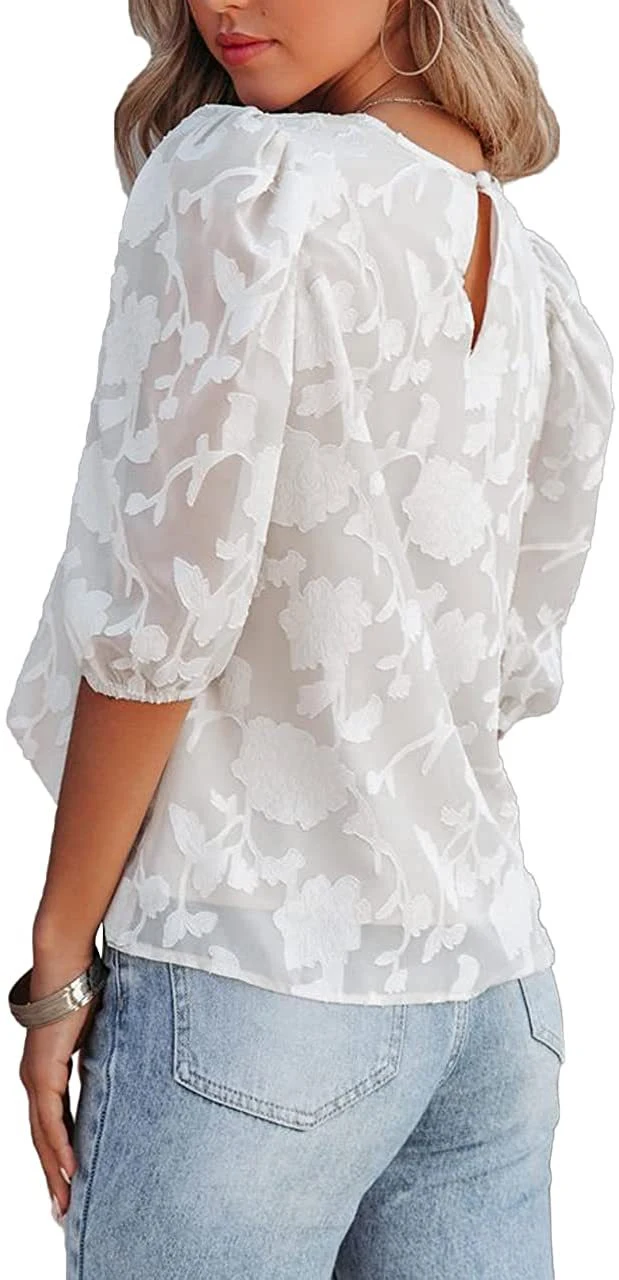 Title 4, Womens Puff Sleeve Chiffon Loose Top Flower Te...