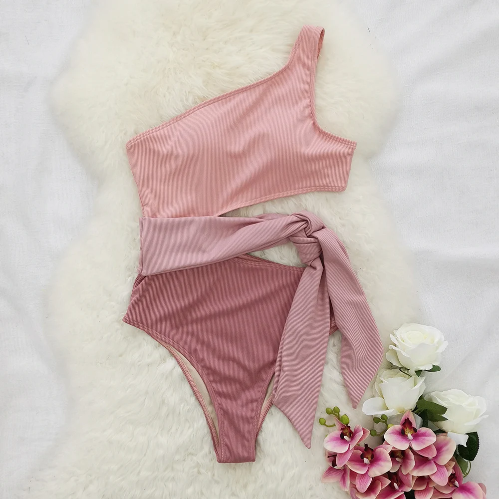 Title 5, One-shoulder Plain Swimsuit Leopard Print Swimsuit