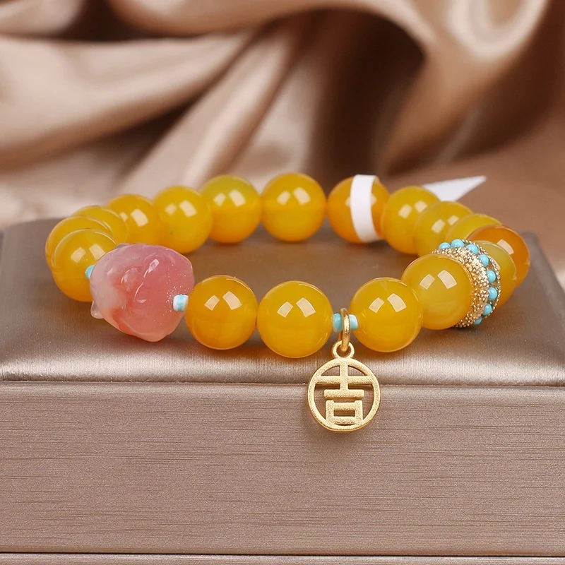 Pulseira de bolinhas redondas únicas em ágata amarela natural, acessórios vintage charmosos e elegantes para mulheres sofisticadas. — foto 12