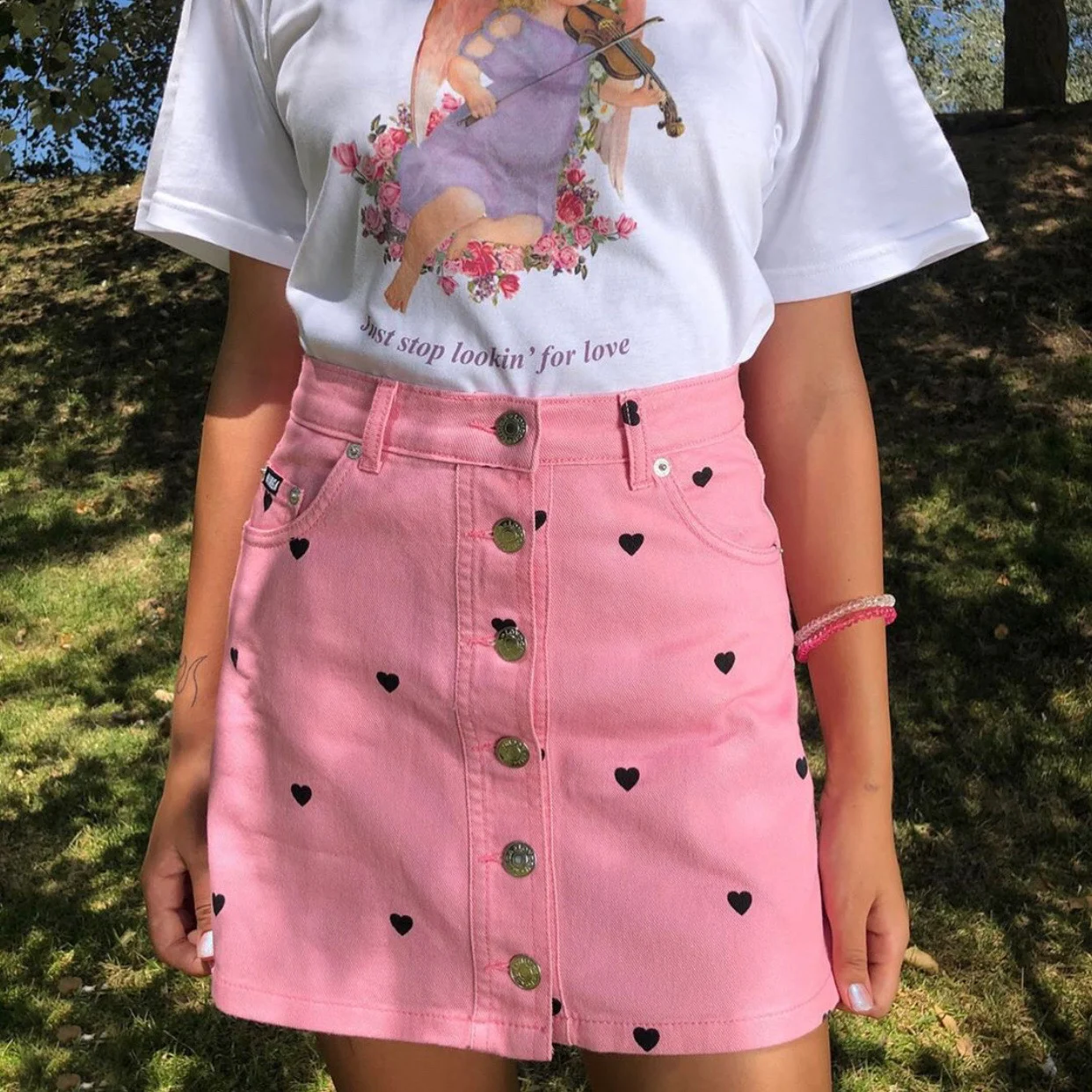 Pink Love Denim Skirt. A stylish denim skirt designed for a romantic look. High-quality denim, flattering fit, perfect f — photo 3