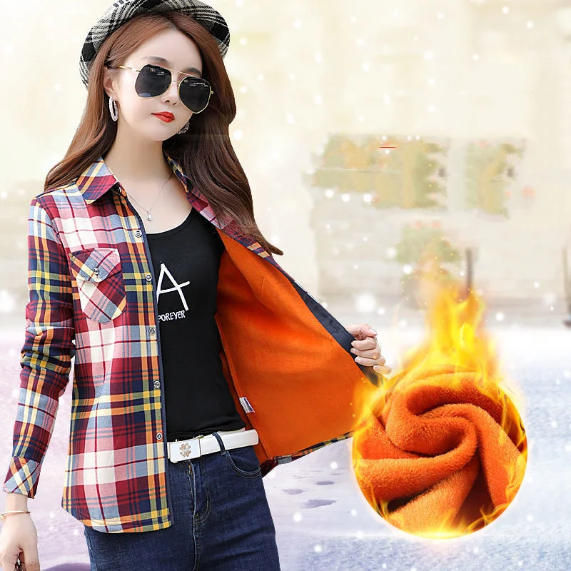 Title 6, Womens Plaid Shirt Long-sleeved Plus Velvet Pa...
