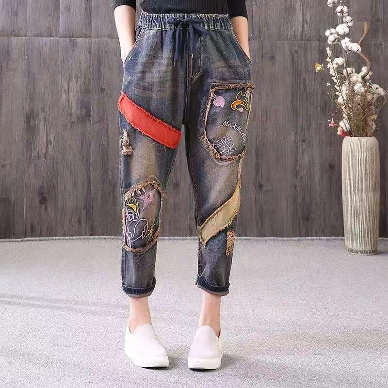 Title 2, Retro Ethnic Embroidered Patch Jeans for a Uniq...