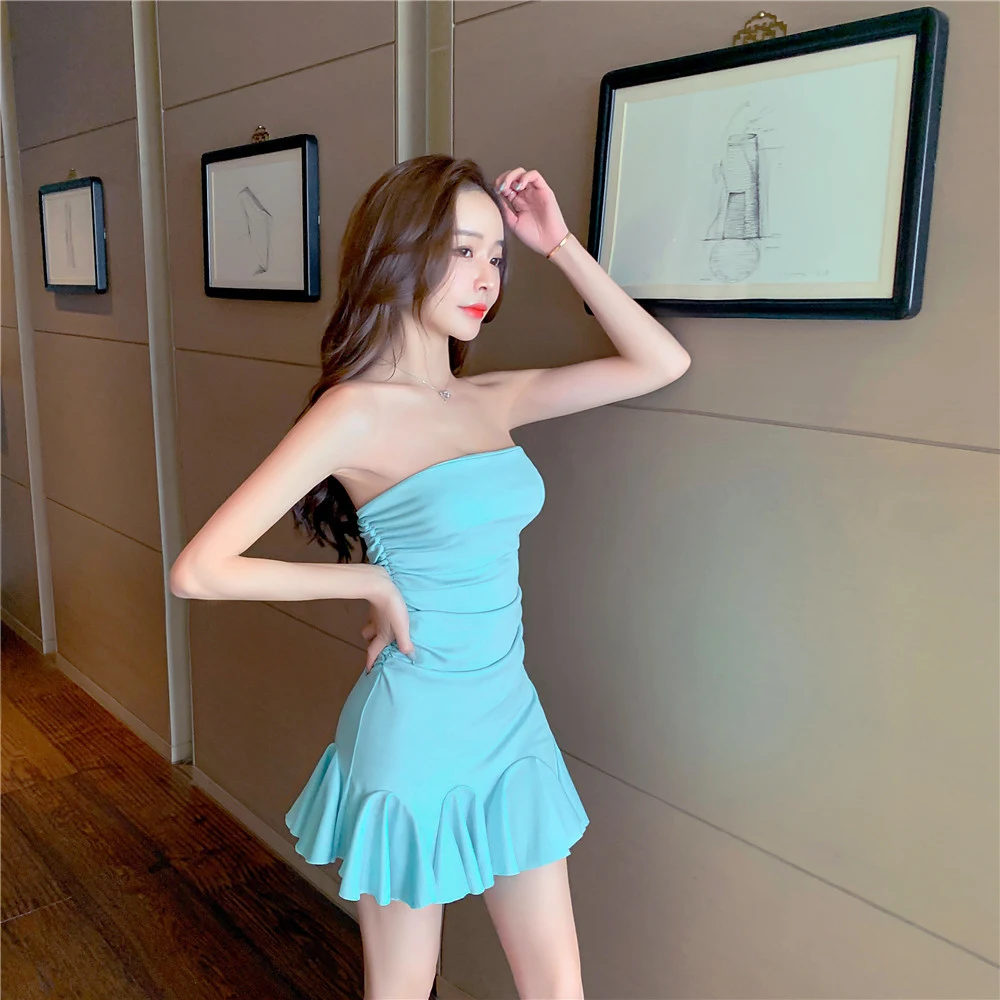 Title 5, Off-shoulder tube top ruffled hip-wrapped dress...