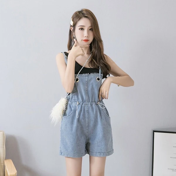 Title 5, Denim Suspenders Shorts Loose And Slimming High...
