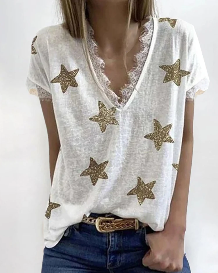 Title 2, T-shirt van kant met V-hals en print