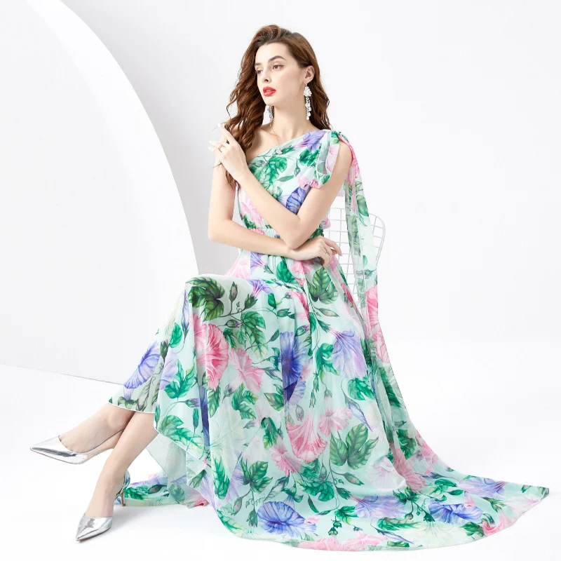 Vacation Style One-shoulder Sleeveless Ribbon Long Wide Swing Printed Dress — photo 13