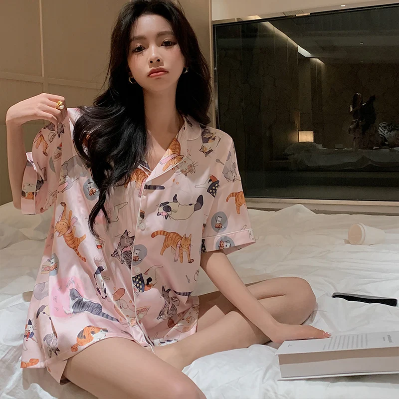 Title 2, Simple Cat Cartoon Print Thin Pajamas Women