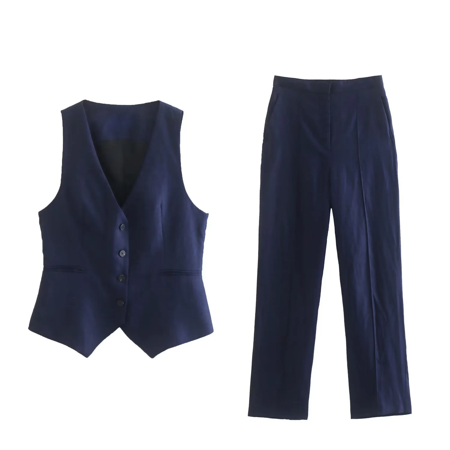 Terno feminino de linho com colete e casaco transpassado, calças retas, perfeito para um visual elegante e sofisticado. — foto 12