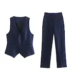 Terno feminino de linho com colete e casaco transpassado, calças retas, perfeito para um visual elegante e sofisticado. — foto 12