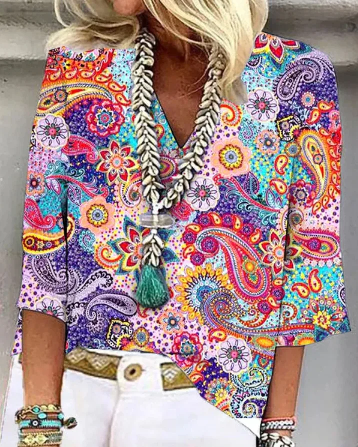 Title 4, Ethnic Style V Neck Printed Womens Casual Shirt
