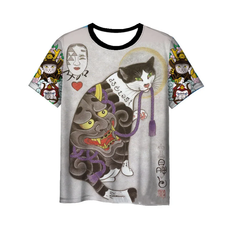 Japanese Samurai Cat 3D Digital Printing Men's Round Neck Short Sleeve — photo 4