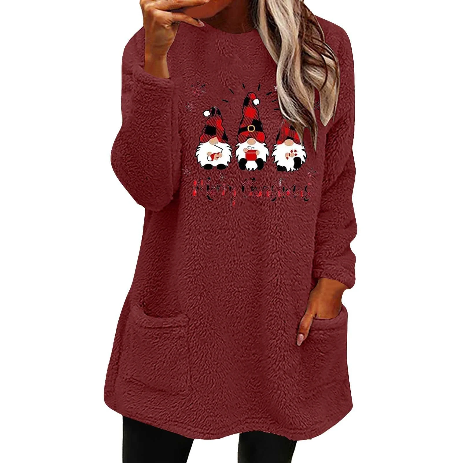 Christmas Letter Print Round Neck Loose Long Sleeves Pocket Fleece Sweatshirt. Stay warm and cozy this winter with this — photo 15