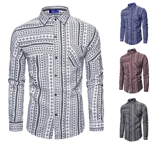 Title 5, Striped Print Lapel Long Sleeve Shirt